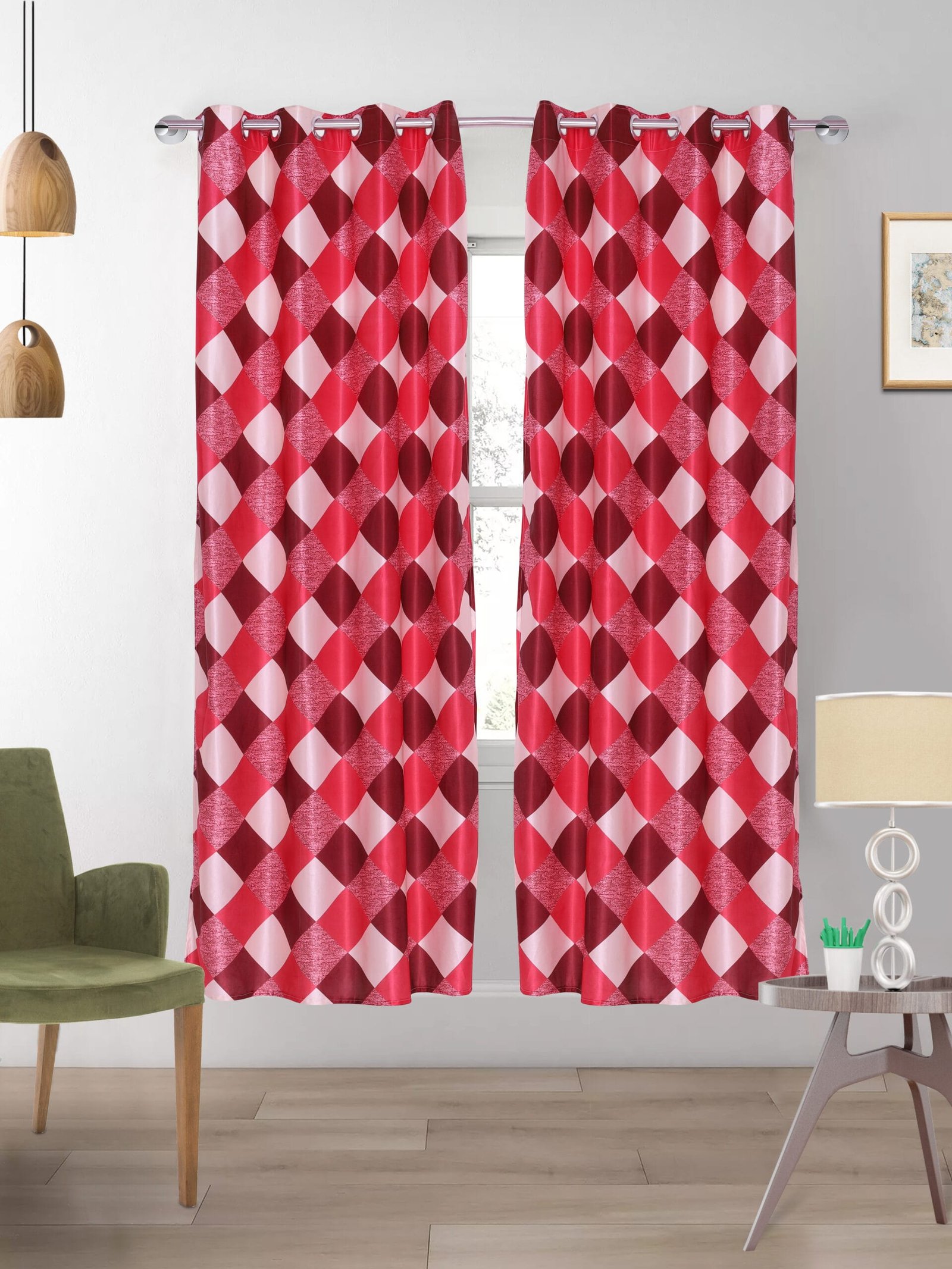 nterior photography of a red curtain in Jaipur, emphasizing its rich color and fabric drape