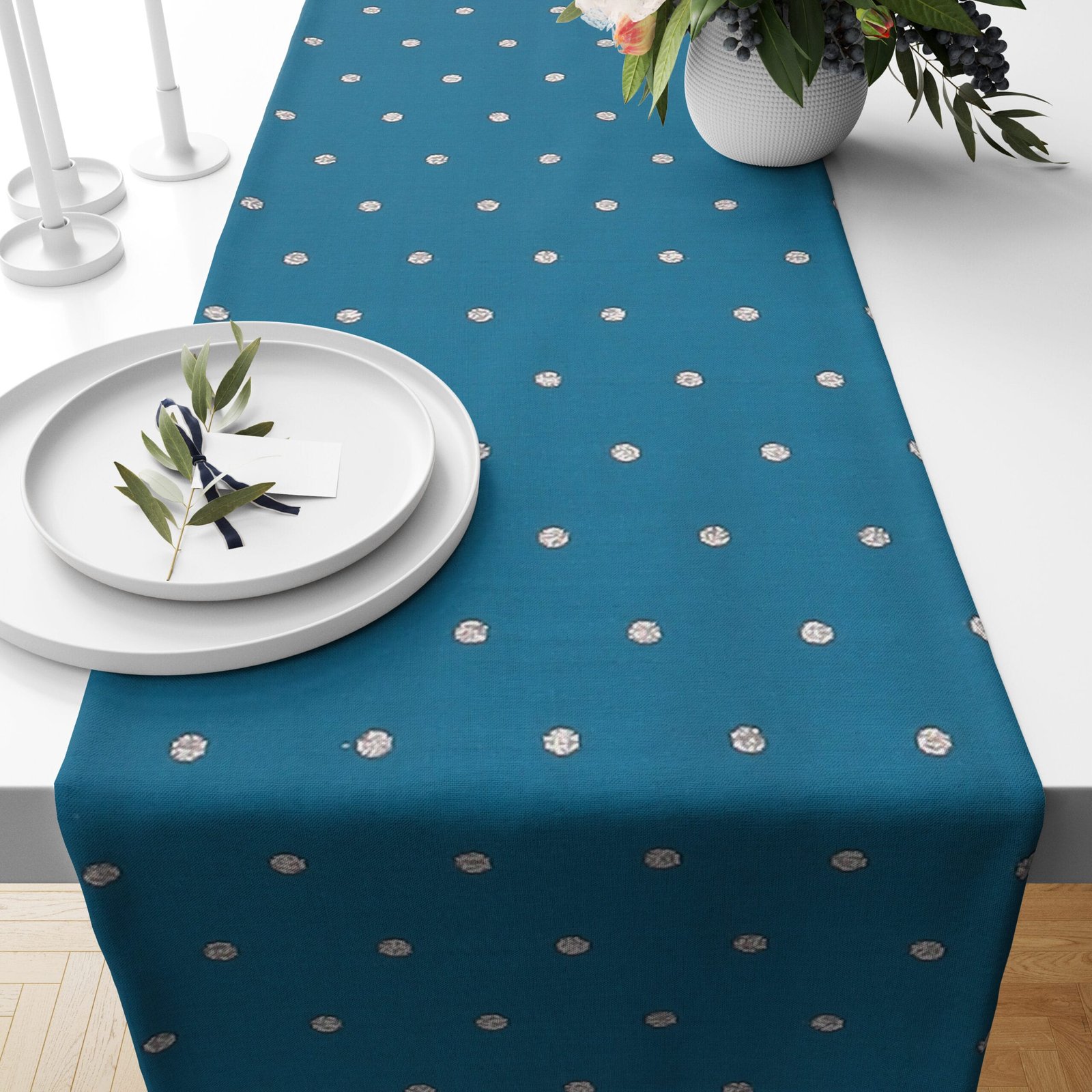 Product photography of a blue table runner in Jaipur, highlighting its elegant texture and craftsmanship