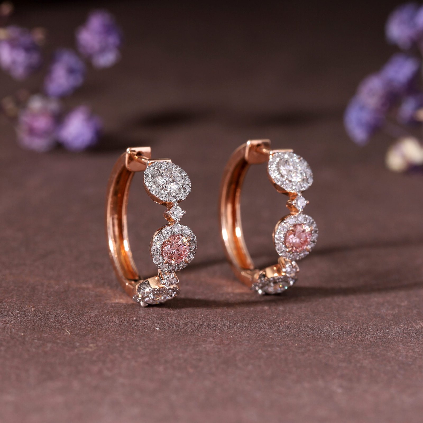 Close-up shot of e-commerce jewelry photography of a gold earring with multiple white stones in Jaipur, showcasing its intricate design